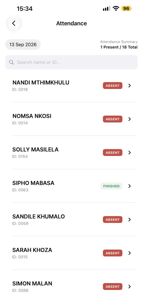 Attendance list showing which employees are present and which are absent